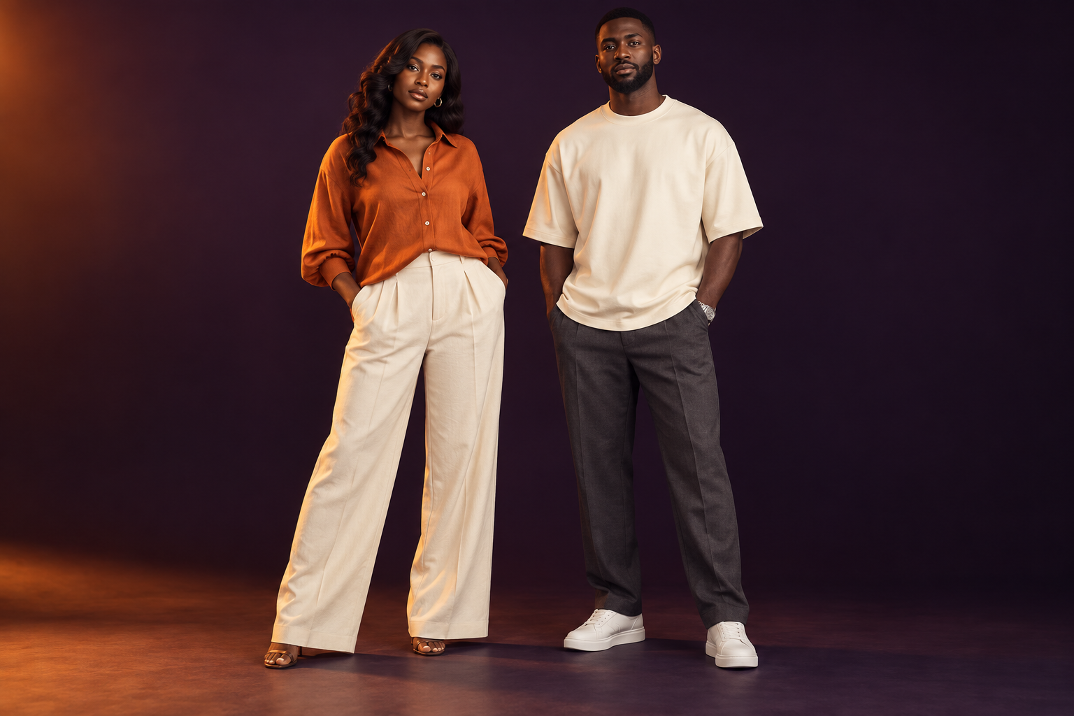 Fashion concept: woman in an orange blouse and cream trousers beside a man in a cream tee and charcoal trousers